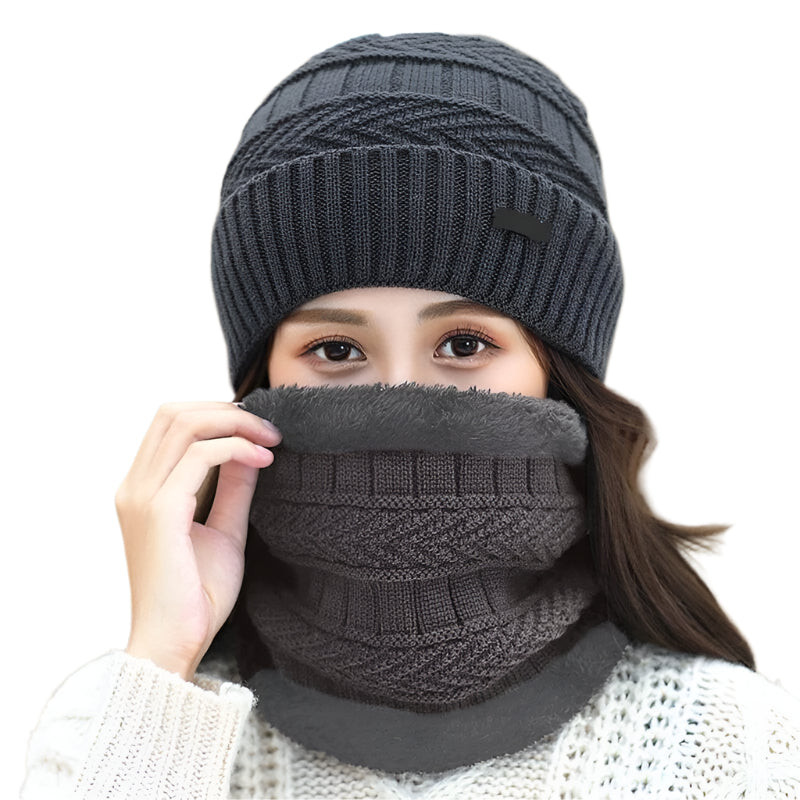 Winter Inside Warm Fleece Wool Beanie Cap With Neck Warmer