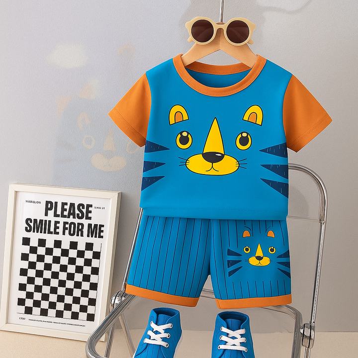 Cat Face Shirt and Short (Blue)