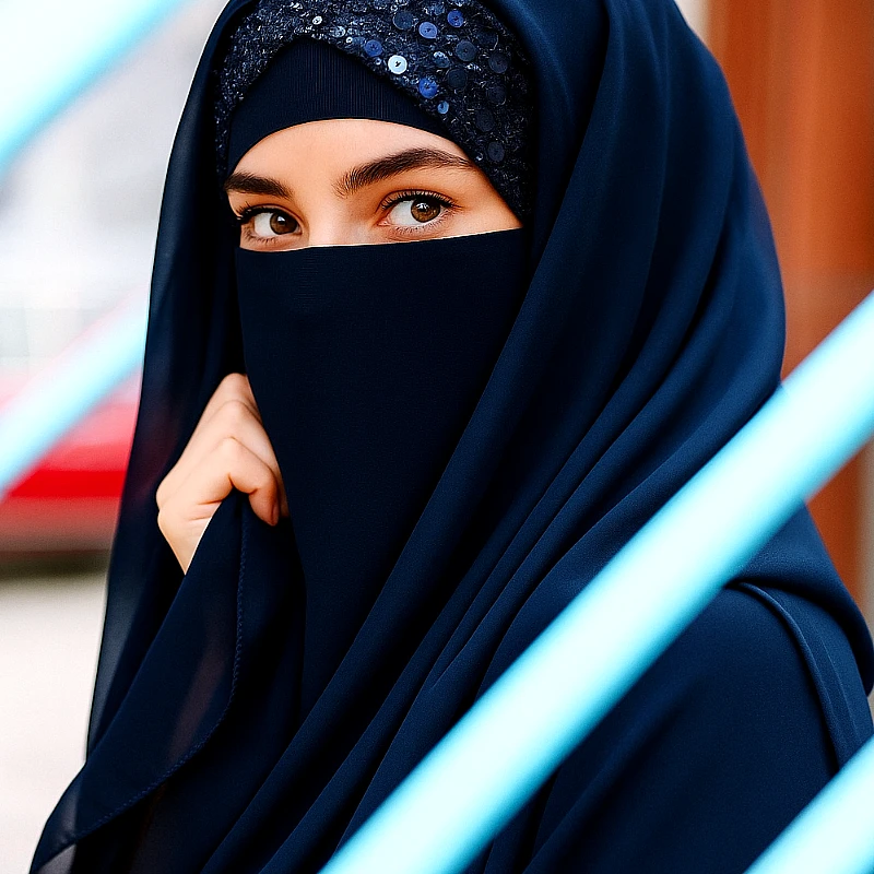 Chiffon Scarf with Attached Sparkle Cap Dark Blue - Product Image
